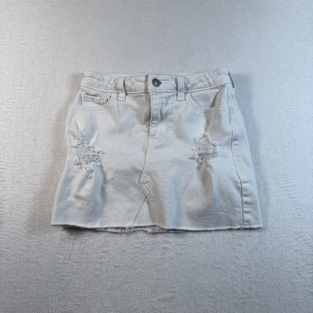 Hollister Skirt Juniors 00 White Denim High‎ Rise Distressed Mini Raw Hem Casual